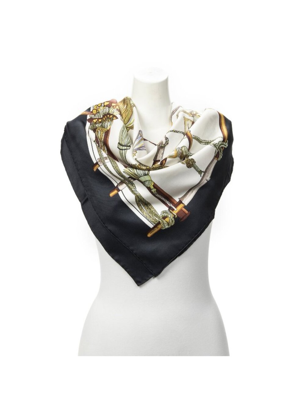 Hermes Scarf Black Ivory Brown Twill Silk